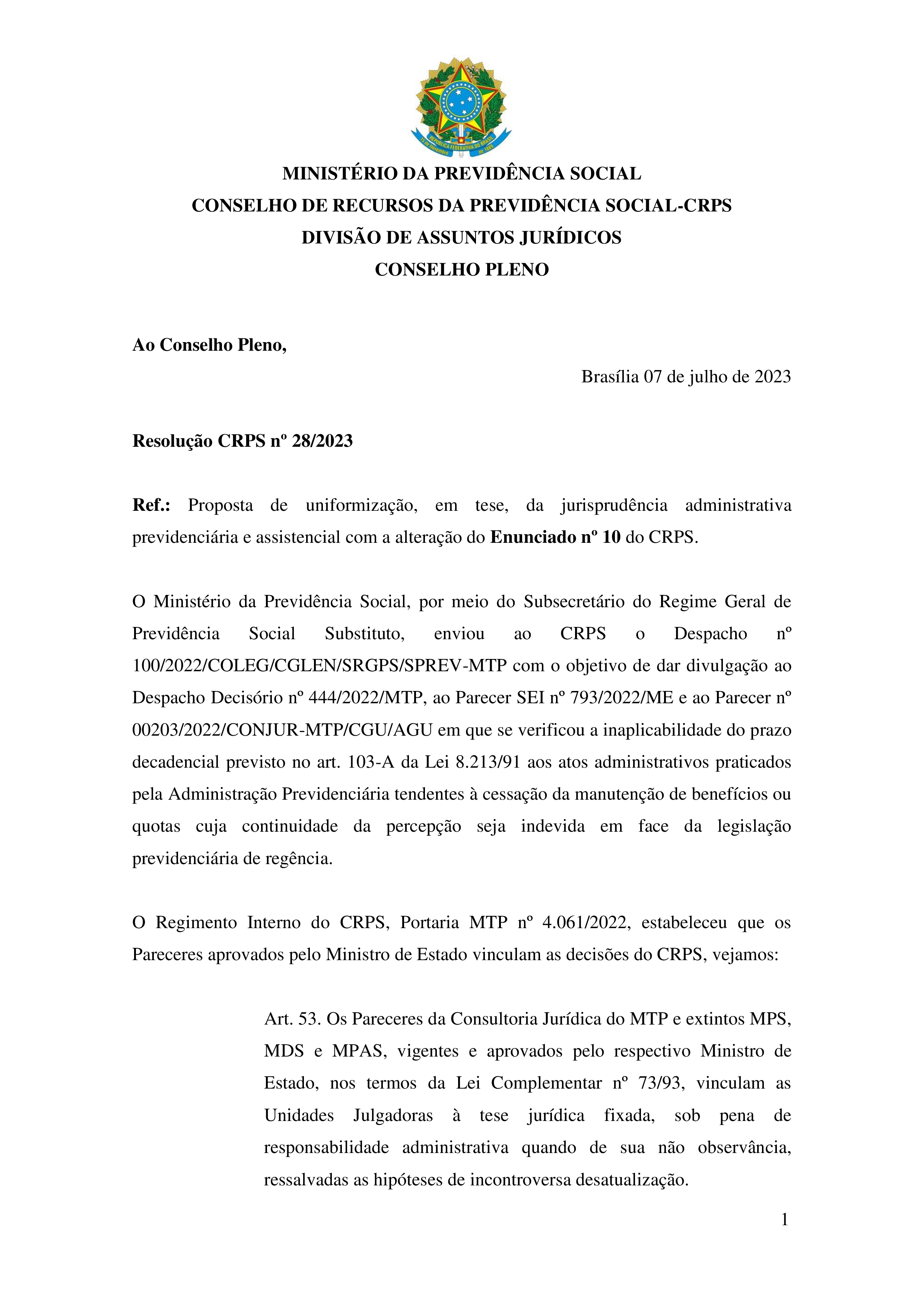 Primeira página do documento: 'RESOLUÇÃO 28/2023' / arquivo: 'resolucao-crps-no-28-de-7-de-julho-de-2023-enunciado-10.pdf' 