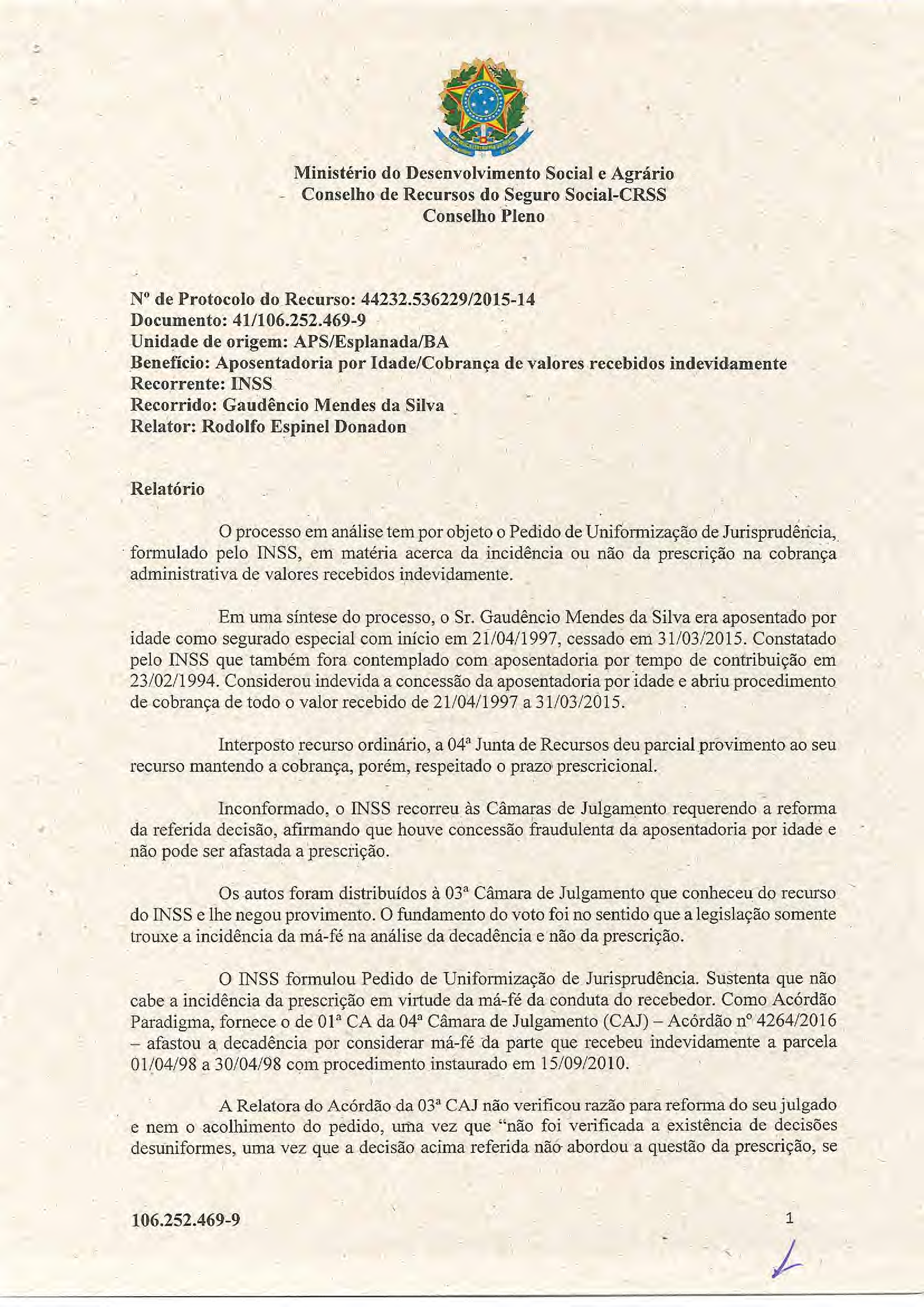 Primeira página do documento: 'Resolução 13/2018' / arquivo: 'RESOL13106.252.4699GAUDENCIOMENDESDASILVA.pdf' 