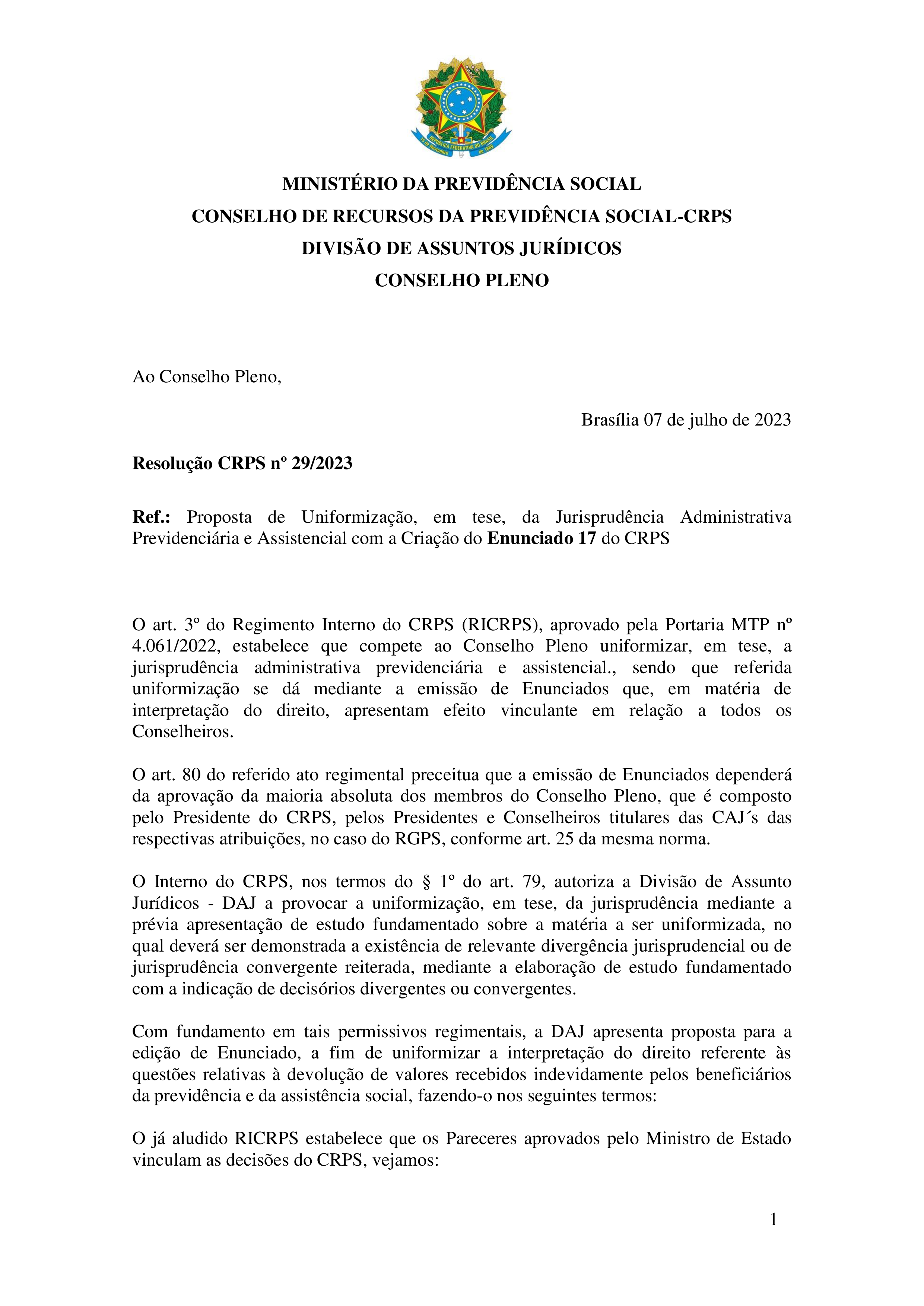 Primeira página do documento: 'RESOLUÇÃO 29/2023' / arquivo: 'resolucao-crps-no-29-de-7-de-julho-de-2023-enunciado-17.pdf' 