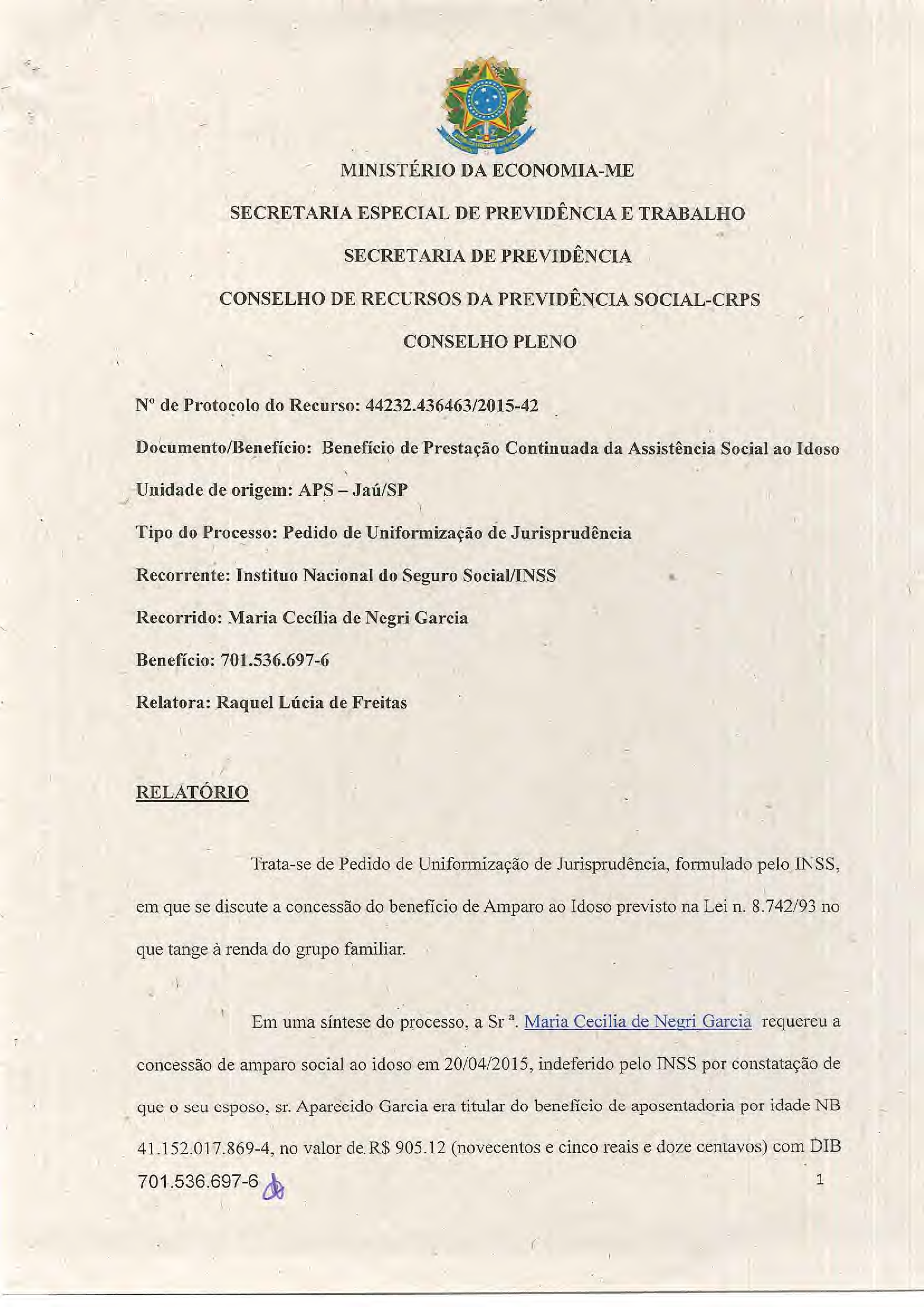 Primeira página do documento: 'RESOLUÇÃO 01/2019' / arquivo: 'RESOLUCAO-01-MARIA-CECILIA-NEGRI-GARCIA-701.536.697-6-3.pdf'