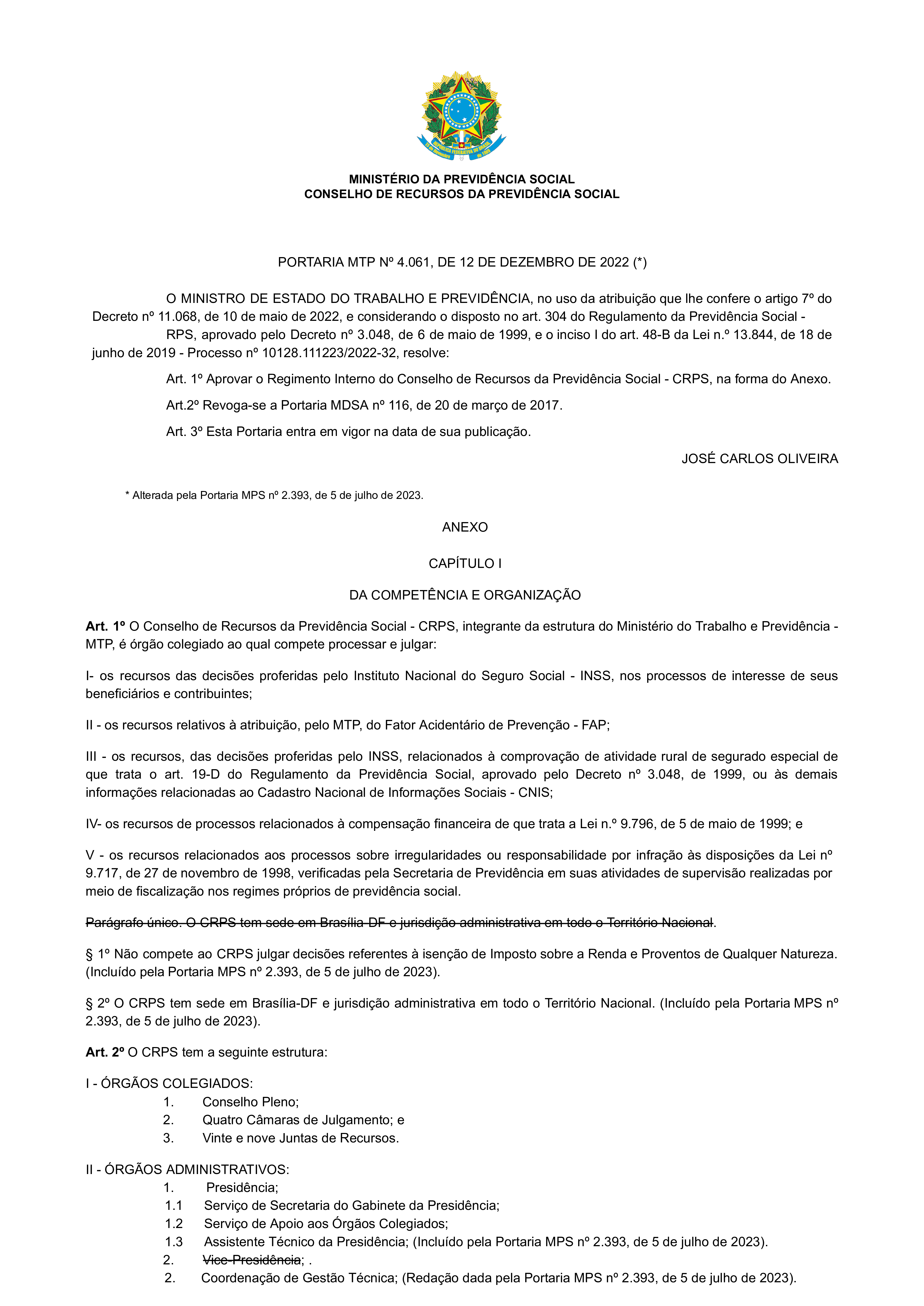 Primeira página do documento: 'Portaria MTP nº 4061, de 12 de dezembro de 2022' / arquivo: 'PORTARIA MTP Nº 4.061, DE 12 DE DEZEMBRO DE 2022.pdf' 