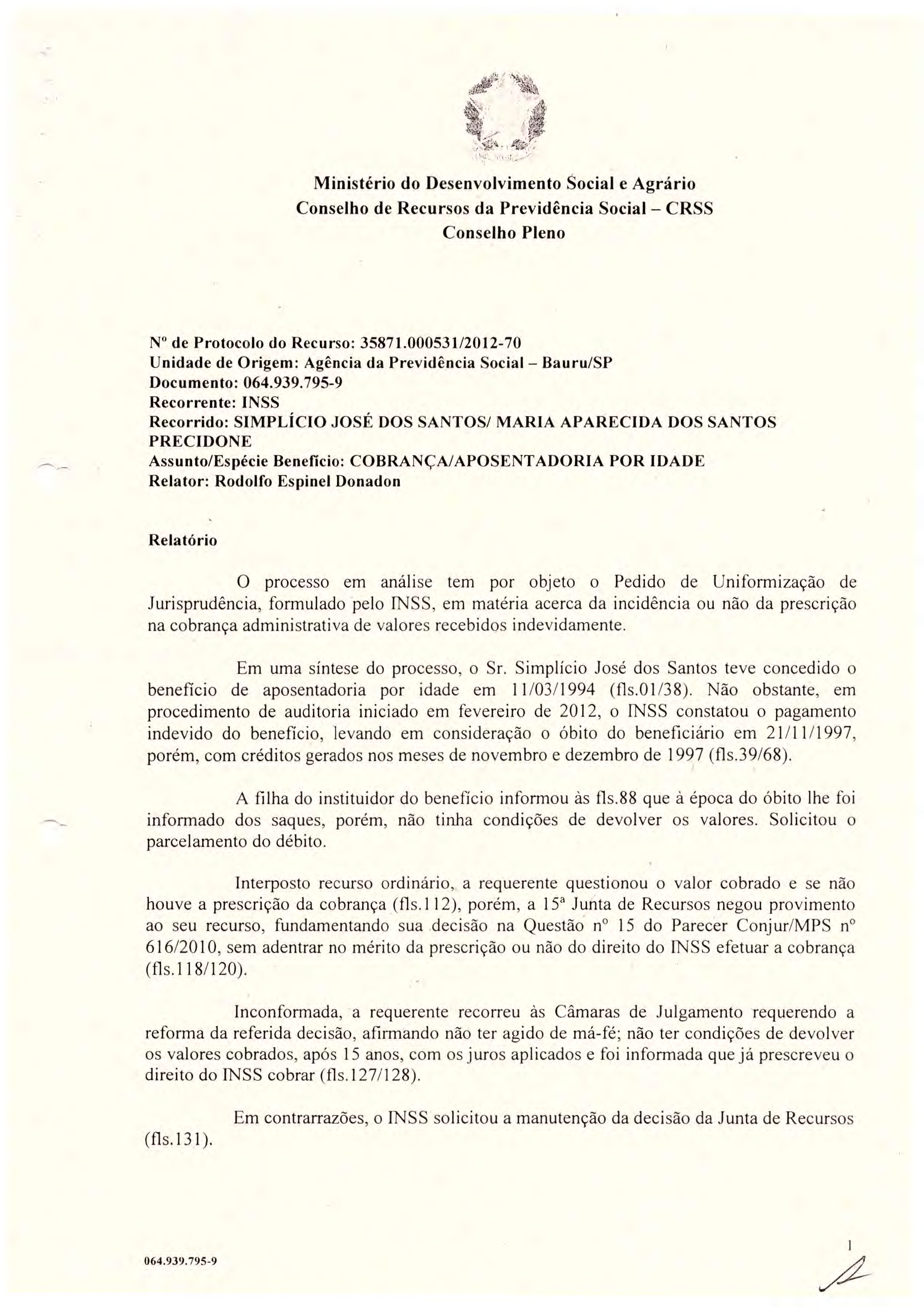 Primeira página do documento: 'Resolução 43/2017' / arquivo: 'RESOLUO_N43_SIMPLCIOJOSEDOSSANTOS_064.939.7959.pdf'