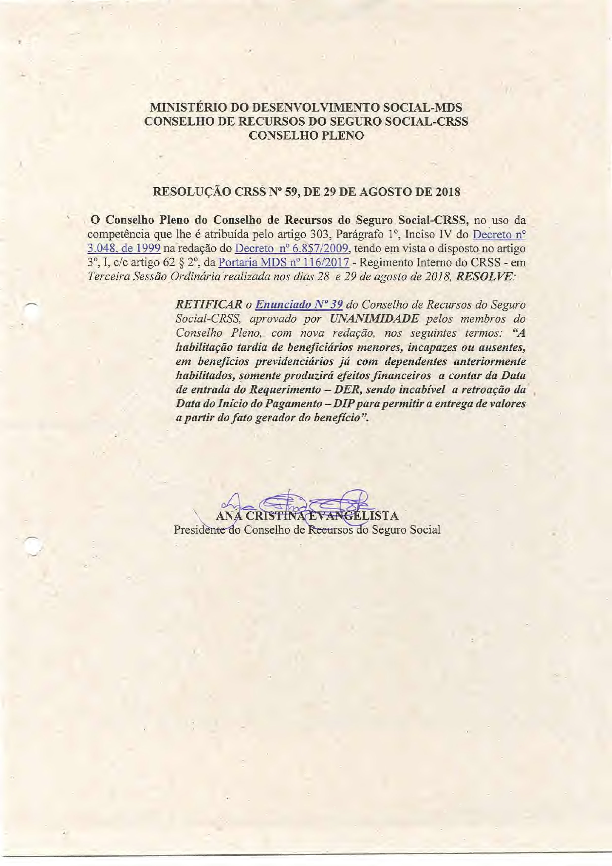 Primeira página do documento: 'Resolução 59/2018' / arquivo: 'RESOLUCAO59RETIFICACAODOENUNCIADO39.pdf'